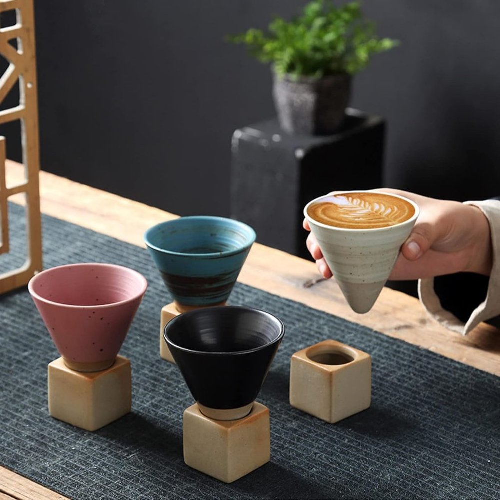 Pottery Espresso Cup, Creative Ceramic Tea Cup With Base, Vintage Espresso Cups